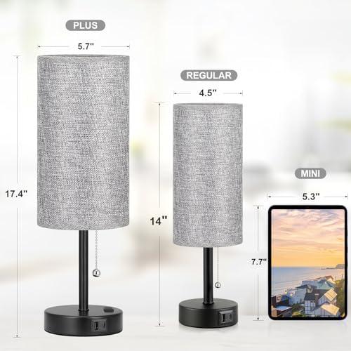 17" Grey Bedside Lamp for Bedroom Nightstand - Table Lamp with USB Ports