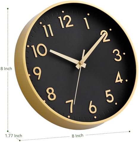 Mosewa Small 8 Inch Wall Clock Battery Operated Silent Non Ticking Analog | Black Gold modern clock; oversized 3D easy-read dial for kitchen, bedroom & office; 1 AA battery (not included)