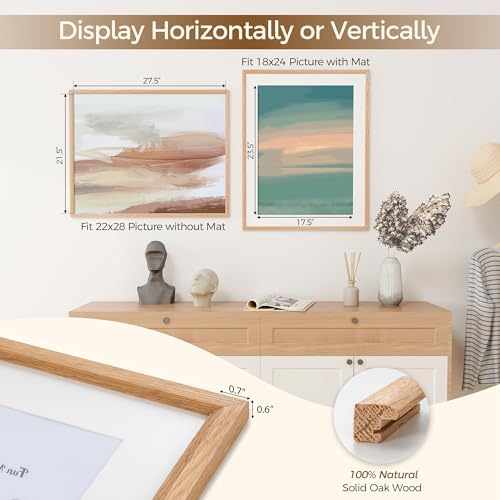 Fun Memories 22x28 Poster Frame, Solid Oak Wood 22x28 Frame Matted to 18x24, Poster Frame for Wall Display, 22"x28" Wood Frame with Wall Hook Included (Beige, 1 Pack)