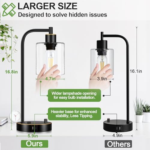 Set of 2 Black and Gold Industrial Table Lamps with USB Port, Fully Stepless Dimmable Bedside Lamps for bedrooms, Nightstand Desk Lamps with Clear Glass Shade for Reading Office 2 LED Bulb Included
