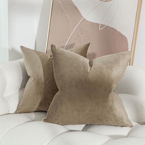 16x16 Velvet Throw Pillow Covers Set of 2 for Couch Sofa Bed,Stone