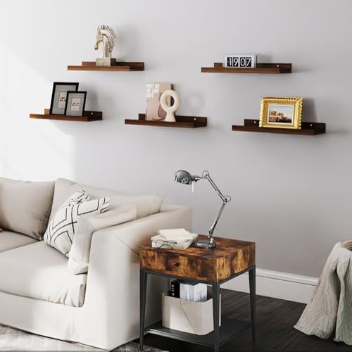 RICHER HOUSE 5-Set Floating Shelves with Lip, Walnut Wall Mounted Shelf