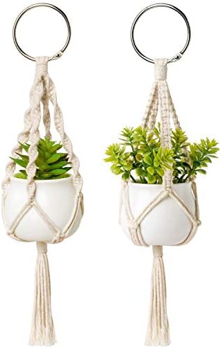 Dahey 2 Pack Mini Macrame Succulent Plant Hangers for Car Rearview Mirror