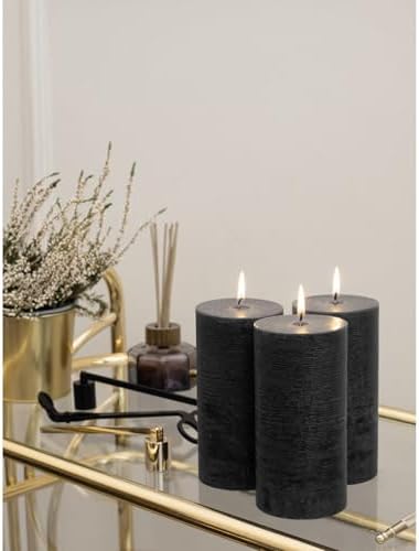 CANDWAX 3x4 inch Pillar Candles Set of 3 – Unscented Dripless Rustic Black Candles for Halloween Decor, Parties, Indoor Styling