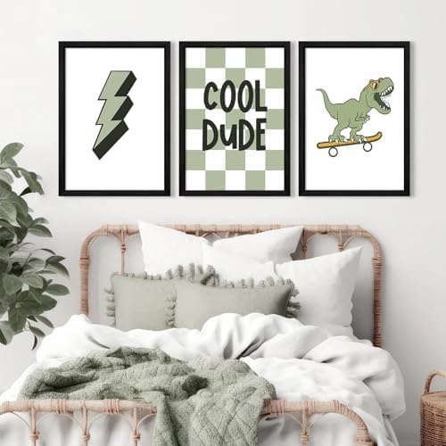 Nursery Dinosaur Wall Art Prints Set of 3 Boys Room Canvas Wall Decor Toddler Kids Prints Dinosaur Skateboard Pictures Poster Boys Dino Artwork Decor for Bedroom 16x24 Inch Wood Framed