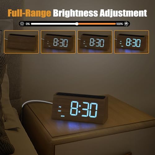 Cadmos Wooden Dynamic RGB Digital Alarm Clock for Bedroom,Dual Alarm with Large Numbers,Loud Adjustable Volume for Heavy Sleepers,Snooze,DST,Wood Decor,Bedside & Desk Use(Bamboo - RGB Digits)