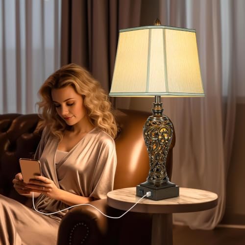 28.5" High Vintage Brown Table Lamps Set of 2 with Night Light, Dark Brown