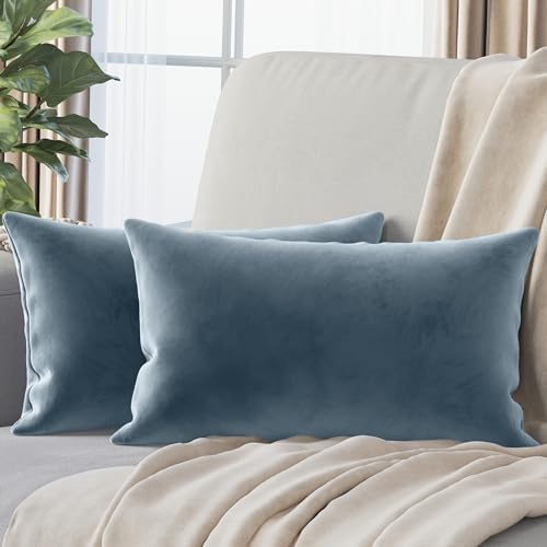 NEATERIZE Premium Velvet Pillow Covers 12x20 Dusty Blue - Washable Decorative Fabric Throw Pillow Covers for Couch or Bed - Set of 2