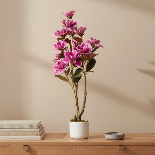 37" Artificial Magnolia Tree in White Planter, 2 Pack Realistic Magnolia Grandiflora with 12 Lifelike Flowers, 3.1FT Fake Potted Plant for Home Office Decor Indoor Outdoor