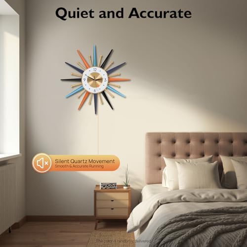 Large Wall Clock 22 Inch, Mid Century Wall Clock Starburst Clock Modern Decor Silent Non-Ticking, Home Décor Big Wall Clocks for Living Room, Kitchen, Dining Room, Bedroom