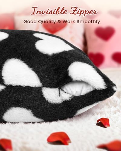 Valentines Pillow Covers 18x18 Inch Set of 2 - Plush Faux Fur Black White Love Hearts Valentines Day Jacquard Throw Pillow Covers Decorations Soft Home Decor for Couch, Sofa, or Bed