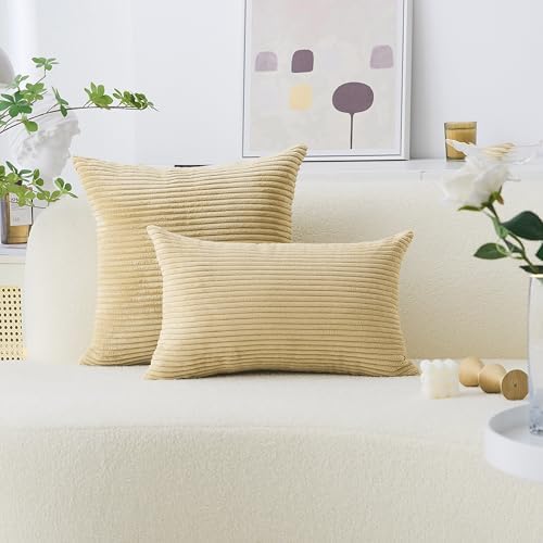 Home Brilliant Supersoft Decorative Pillow Covers Set of 2 Striped Velvet Corduroy Cushion Cover for Chair Couch Sofa, 50x50 cm, 20 x 20 Inch, Taupe