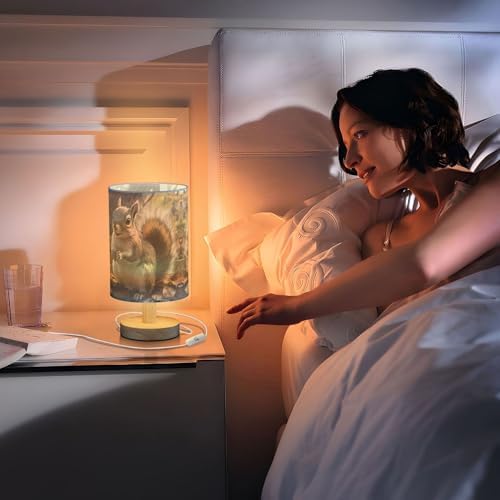 Squirrel in Forest Table Lamp with Wood Base Fabric Lamp Shade Bedside Nightstand Desk Lamp for Living Room Bedroom Kids Room Office