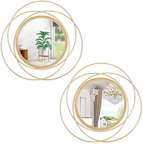 2 Pcs Decorative Circle Wall Mirror Gold Round Modern Mirrors Wall Art Ring Metal Wall Decor Wall Mounted Mirror for Bedroom Living Room Entryway Hallway