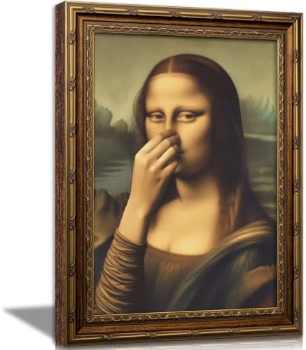 CXKAWM Vintage Gold Framed Funny Mona Lisa Bathroom Canvas Wall Art 9x11in | Mona Lisa holding nose Bathroom Wall Decor Picture Humor Amusing Toilet Poster Print for Bathroom Home decoration