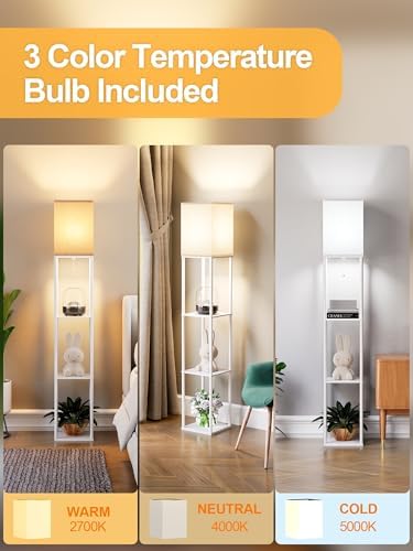Floor Lamp with Shelves for Living Room 2 Pack, Shelf Floor Lamp with 3 CCT LED Bulb, Corner Display Standing Column Lamp Etagere Organizer Tower Nightstand with White Linen Shade for Bedroom, White