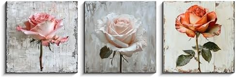 NAN Wind 3 Panel Rose Canvas Art with Distressed Wood Frame Vintage Botanical Wall Art for Farmhouse Decor Pink Orange Rose Gallery Wall Set Ready to Hang Floral Prints for Living Room Bedroom Kitchen