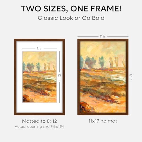 Homeforia 11x17 Brown Oak Picture Frame, High-End Wood, 8x12 Mat, Glass