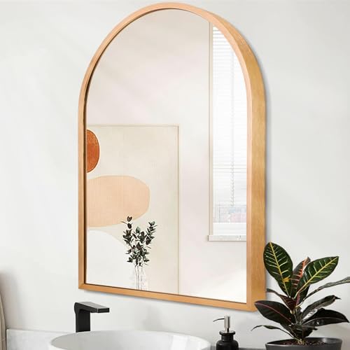 Arched Wall-Mounted Mirror Gold Arch Mirror Aluminum Alloy Frame Bathroom Mirror for Vanity Living Room, Bedroom, and Entryway 28"x20"