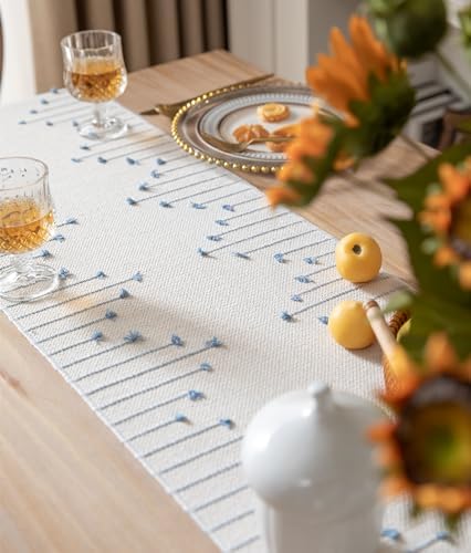 Boho Table Runner 13 x 108 Inch Long Natural Cotton Woven Runner with Tassels for Home Dining Table décor, for Modern Farmhouse Decor Coffee Table Runner, Light Blue and Beige