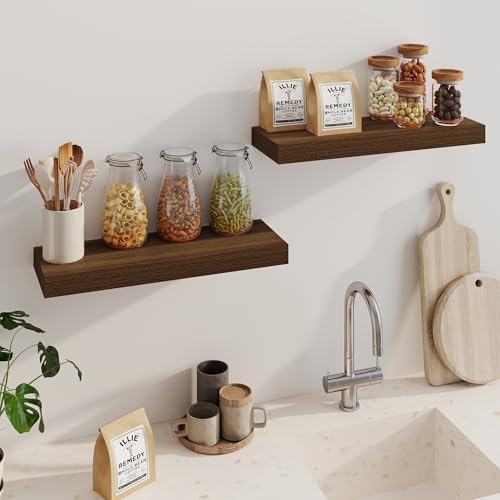 Fun Memories Floating Shelves for Wall, 24 Inch Floating Shelves Set of 2, Hanging Shelf with Invisible Brackets, Wood Shelves for Living Room, Bedroom, Kitchen, Walnut
