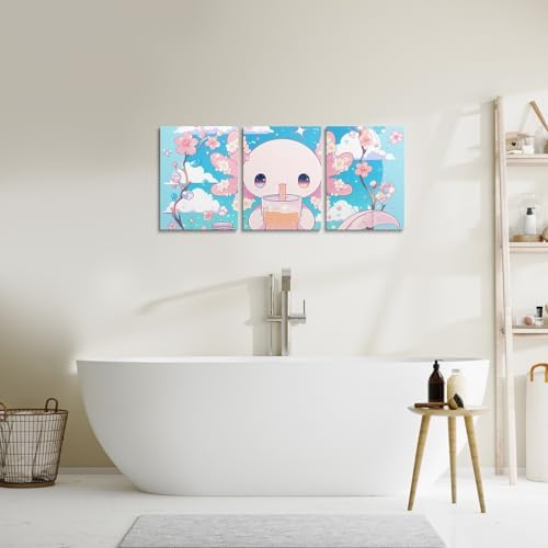 Feelyou Axolotl 3 Piece Canvas Wall Art for Living Room Bedroom Cute Axolotl Cherry Wall Art for Home Decor Eat Dessert Office Wall Decor Milk Tea Wall Painting