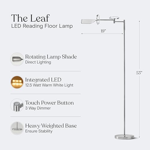 Brightech Leaf Pharmacy LED Reading Lamp, Dimmable Floor Lamp with Easy Adjustable Rotation Over Chair or Desk for Living Room, Work Light for Office, Modern Minimalist Home Decor - Platinum Silver