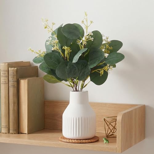 Artificial Eucalyptus Greenery Stems in Ceramic Vase,10Pcs Fake Plants Eucalyptus Leaves faux Plants for Centerpiece Table Decorations Home Room Decor office desk decor Greenery Decor indoor (White)