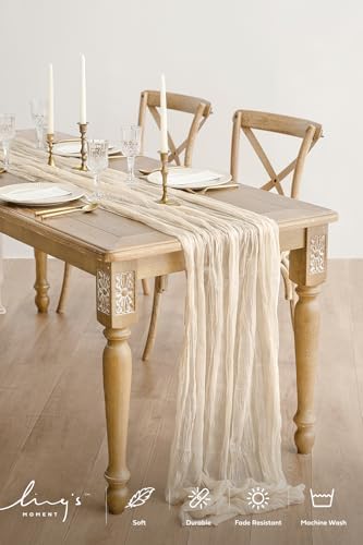 Ling's Moment Ivory Gauze Cheesecloth Table Runner, 14FT (168 Inch)