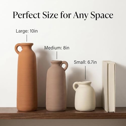 Set of 3 Matte Ceramic Vases with Handles, Textured Vases in Different Heights, Boho Farmhouse Decor for Dried Pampas Grass & Flowers, Modern Nordic Style Centerpiece