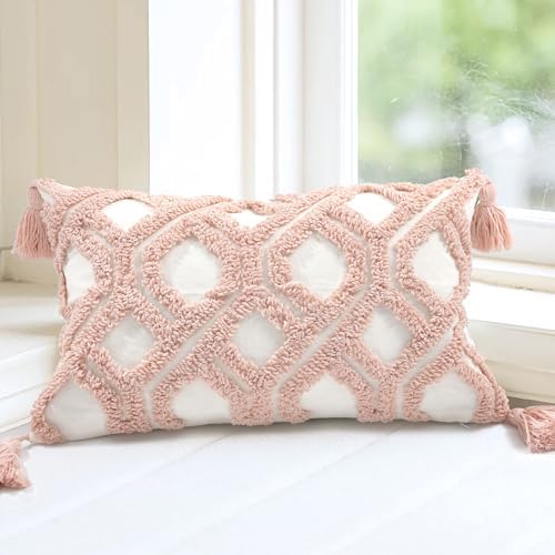 Lumbar Boho Pillow Covers 12x20 Tufted for Couch, Pink Blush