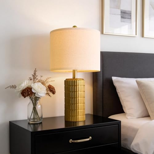 PoKat 20.75" Brass Gold Ceramic Table Lamps Set of 2 for Living Room, Small Retro Bedside Lamps for Bedroom, Nightstand Lamps for Home Decor, Vintage Bronze Decorative Lamp Sideboard Side Table Gifts