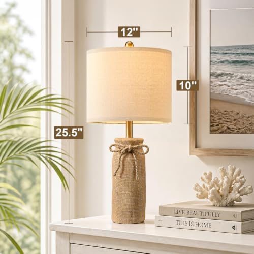 BOBOMOMO Boho Table Lamps for Living Room Set of 2, 25.5" Coastal Farmhouse Bedside Table Lamps for Nightstands, Resin Woven Rattan-Look Lamps for Bedroom, Entry Way, Rustic Home Decor
