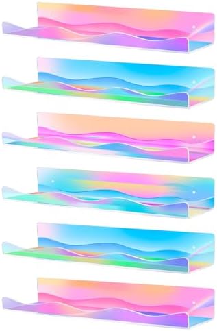 6 Pack Iridescent Acrylic Floating Shelves, 15.7" Clear Acrylic Display Shelves Bookshelf Wall Mounted, Bathroom Kids Room Home Storage Wall Decor Ledge Shelf for Skincare, Perfume, Nail Polish