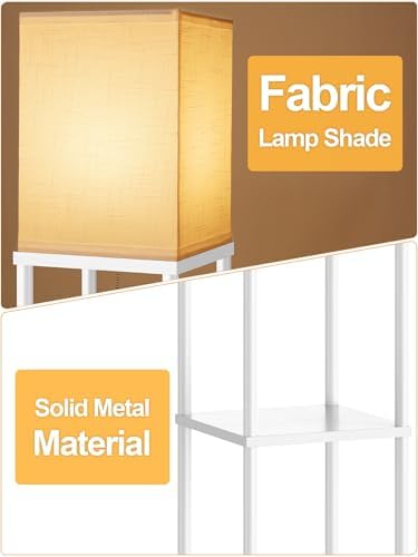 Floor Lamp with Shelves for Living Room 2 Pack, Shelf Floor Lamp with 3 CCT LED Bulb, Corner Display Standing Column Lamp Etagere Organizer Tower Nightstand with White Linen Shade for Bedroom, White