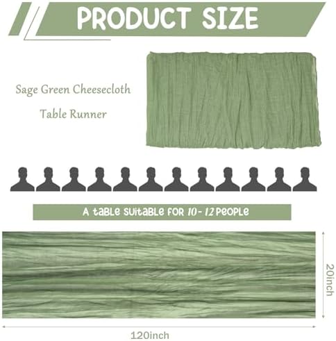3 Pack 120 Inch Sage Green Cheesecloth Table Runner Boho Rustic Gauze Sheer Romantic 10 FT Long Cheese Cloth Table Runner for Bridal Baby Shower Wedding Party Birthday Holiday Home Easter Decor