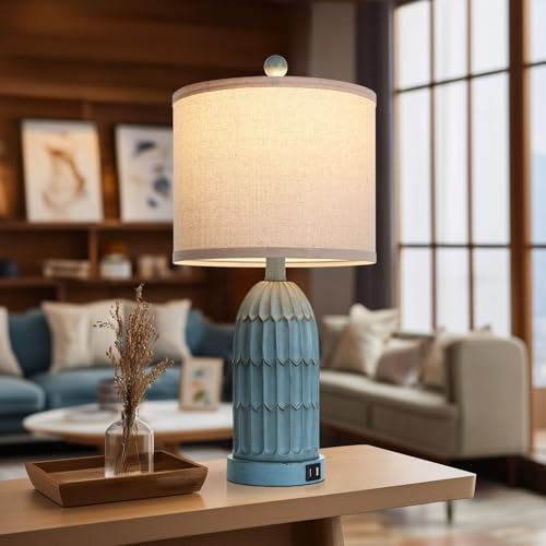 Cinkeda Coastal Table Bedside Lamps Set of 2, Farmhouse 3-Way Dimmable Touch Nightstand Lamp with 2 USB Charging Ports, Vintage Bedside Lamp for Bedroom Living Room End Table Retro Blue