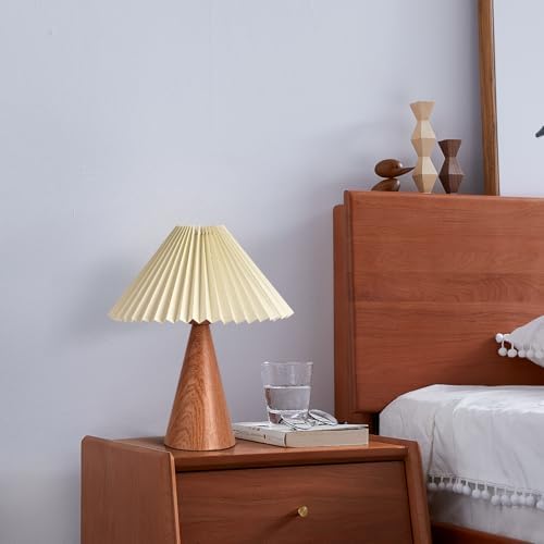 Ziqqeelam Wood Grain Small Table Lamp, Cute Table Lamp, Pleated Table Lamp, Wooden Bedroom Lamps for Nightstand, Small Scalloped Lamp Shade Table Lamps for Small Spaces for Bedroom,Living Room
