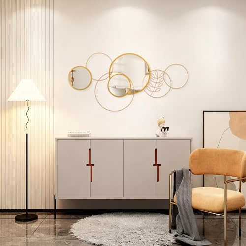 Golden Wall Mirror Set, Wall Mounted Metal Circle Mirror Set Modern Round Decorative Mirrors for Living Room Bedroom Bathroom Entryway 20x40 Inch Home Decor