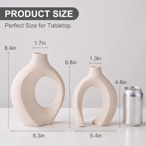 Aesthetic Cream White Ceramic Vase Set of 2, Snuggle Hollow Flower Vase Home Decor Living Room, Nordic Modern Boho ins Style Decorative Flower Vase for Coffee/Dining Table Decor (W 6.3" X H 8.4")