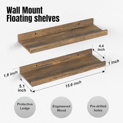 Boswillon Floating Shelves Set of 2, Small Wall Shelf with Lip, 16in, Brown