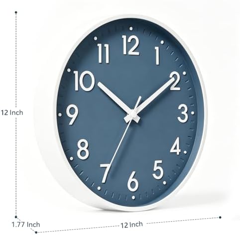 Mosewa 12 Inch Wall Clock Battery Operated Silent Non Ticking Analog | Azure Blue modern clock; oversized 3D easy-read dial for kitchen, bedroom & office; 1 AA battery (not included)