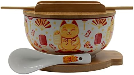 XWORLD Japanese Ceramic Ramen Noodle Bowls Set with Ceramic Spoon, Bamboo Chopsticks, Lid & Trivet, Serving Capacity of 33.8 OZ, Microwavable Oven Safety (3.3” x 6.6” D) (Lucky Cat)