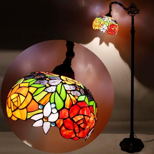 WERFACTORY Tiffany Floor Lamp Red Rose Flower Stained Glass Arched Lamp