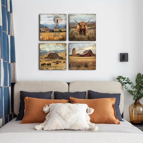 Farmhouse Wall Art Cow Pictures Wall Decor Rustic Barn Windmill Scenery Pictures Country Wilderness Canvas Prints Painting Poster Modern Artwork for Kitchen Living Room Home Decoration 20x20" 4Pcs