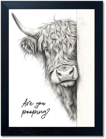 Funny Highland Cow Bathroom Wall Art - Rustic Farmhouse Wall Decor with Humorous Are You Pooping Canvas Print, Cute Animal Canvas Art for Restroom - Black Framed Cow Pictures Wall Decor Ready to Hang 11"x14"