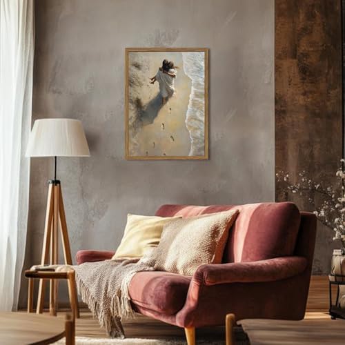 Jesus Hugging Woman Wall Art Jesus on the Beach Wall Decor 3D Textured Hand Drawn Sandstone Christian Decor Painting Footprints on the Beach Artwork for Bedroom Living Room 16x24 inch Wood Framed