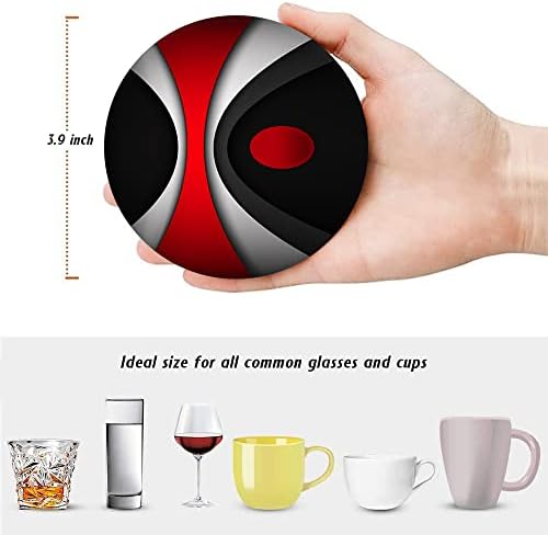 HUXJOKO Coasters for Drinks Set of 6,Modern Red Black Geometric Absorbent Ceramic Coaster,Round Stone Mat,with Cork Base and Metal Holder for Coffee Table Room Bar Home Decor Housewarming Gifts