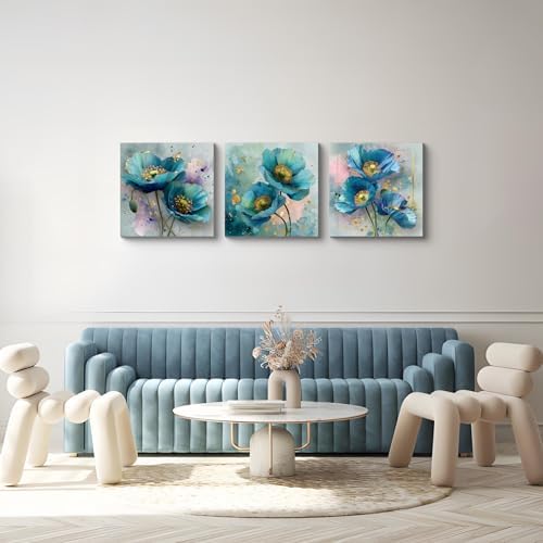 NAN Wind 3Pcs Blue Teal Poppy Flower Wall Art Canvas Print with Gold Accents Modern Botanical Floral Contemporary Watercolor Style Elegant Flower Artwork for Living Room Bedroom Home Office Wall Decor