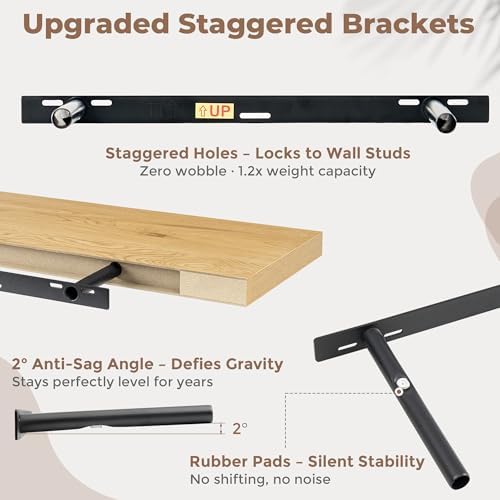 FLYJOE 27.5 Inch Floating Shelves for Wall Set of 2, 6.5" D Wood Grain Bathroom Shelves with Invisible Brackets, Easy Install Engineered Wood Storage Shelves for Kitchen, Living Room, Bedroom